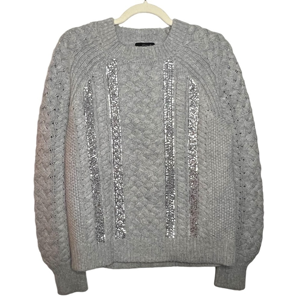 J. Crew Merino Wool Blend Cable Knit Sequin Sweater Heather Dusk Grey Size Small - Picture 2 of 8